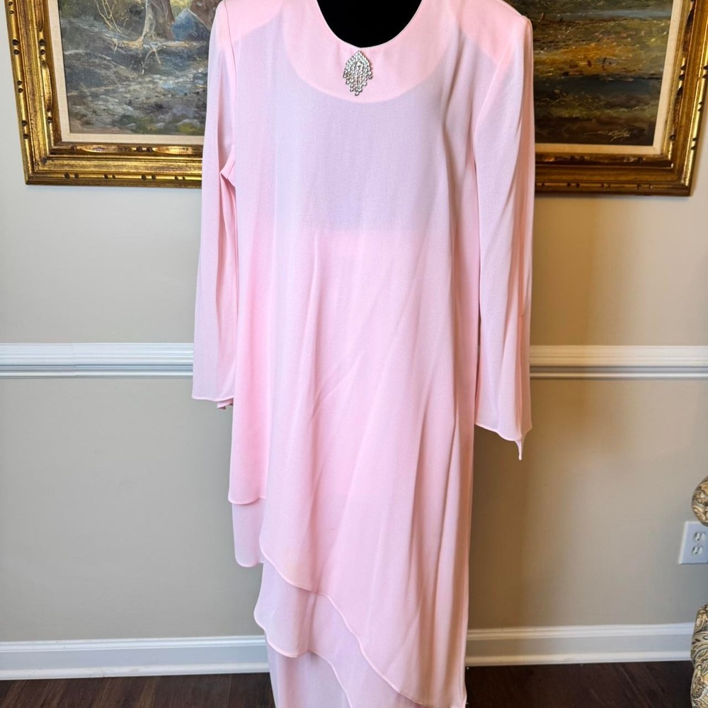 Dolce Pink Chiffon Tiered Maxi‎ Dress Skirt Rhinestone Suit Set Long Sleeve XL